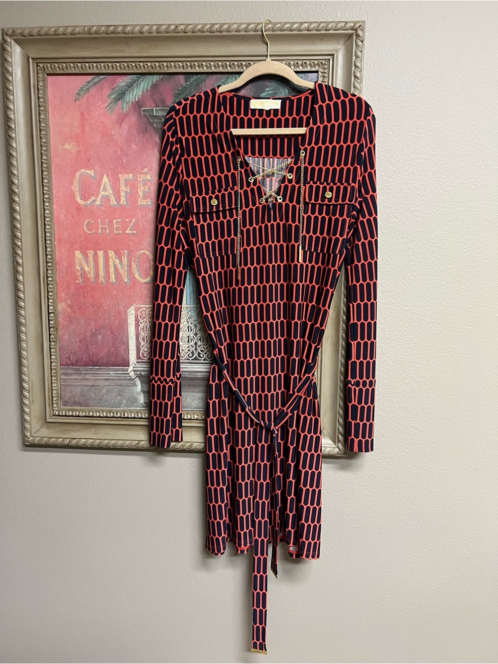 MICHAEL Michael Kors Coral Rose Long-Sleeve Geometric Print Belted Dress